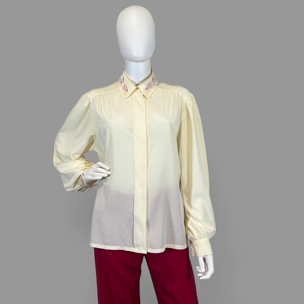 Koret Career Vintage Cream Yellow Embroidered Collar Puff Sleeve Blouse Size 14